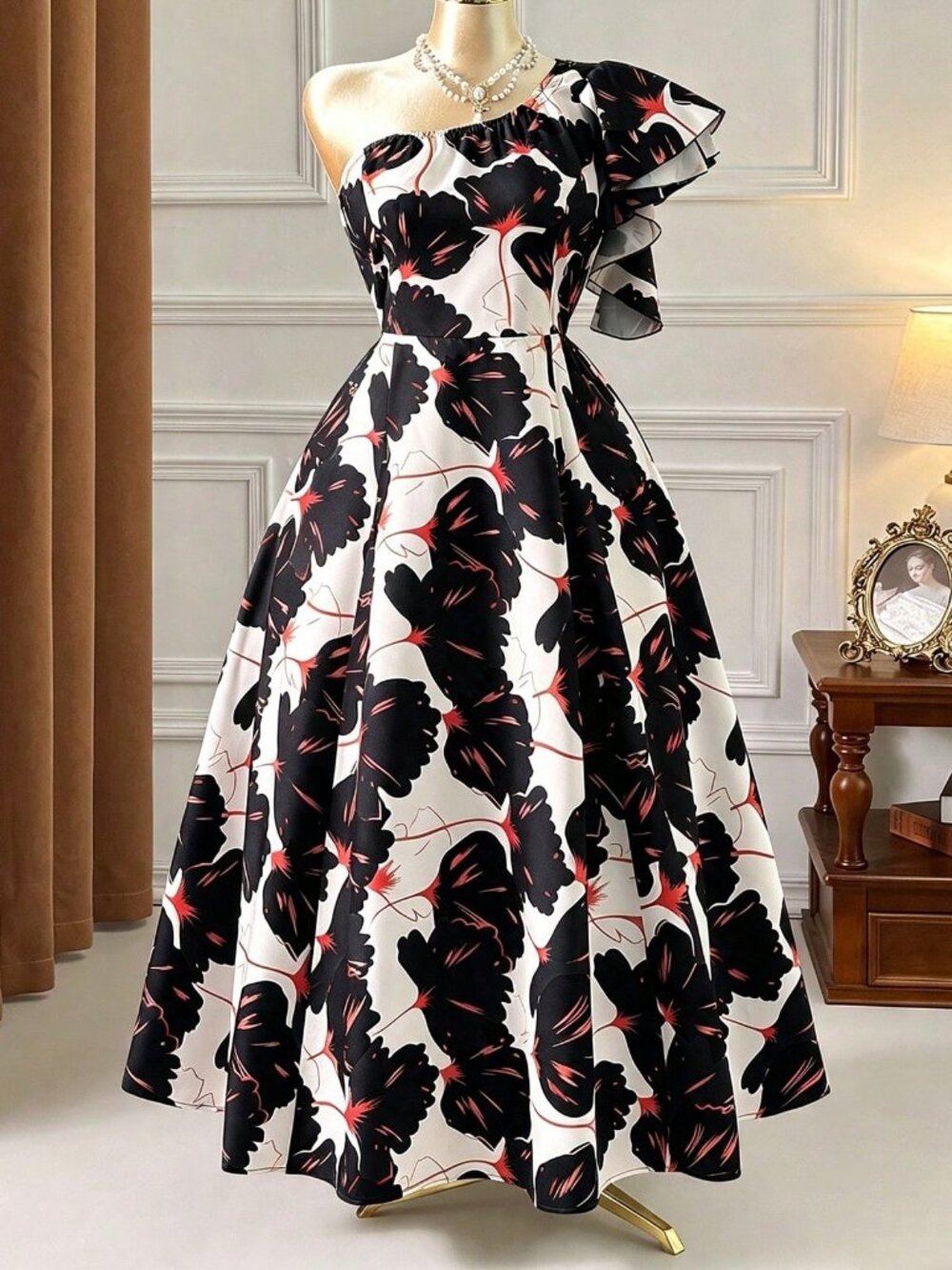 Black & White Floral Asymmetrical Women's Ruffle Waist Cinched Midi Dress